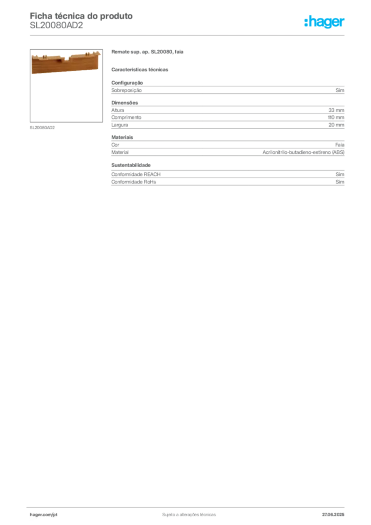 Imagem Hager Ficha técnica do produto SL20080AD2 | Hager Portugal