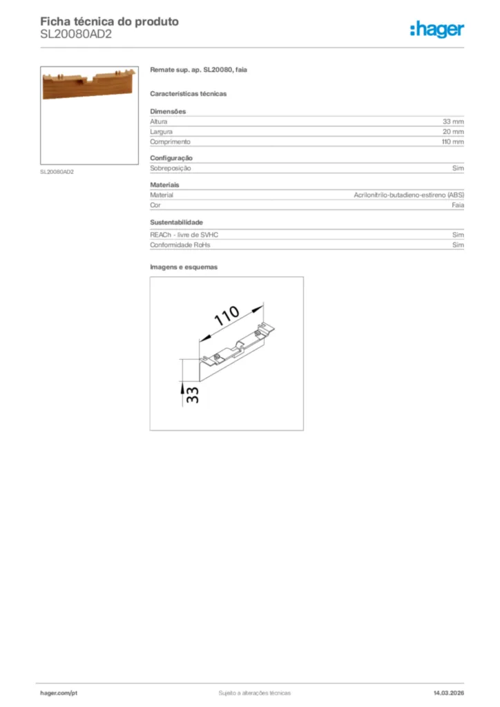 Imagem Hager Ficha técnica do produto SL20080AD2 | Hager Portugal