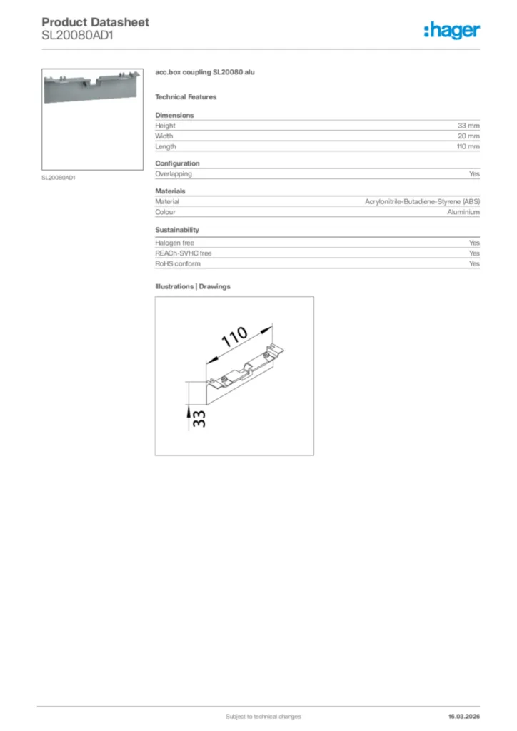 Image Hager Product data sheet SL20080AD1  | Hager Africa