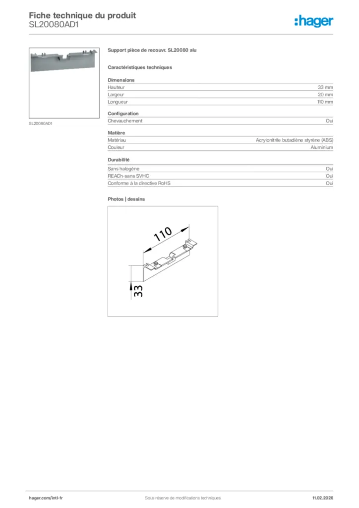 Image Hager Fiche technique du produit SL20080AD1 | Hager Afrique