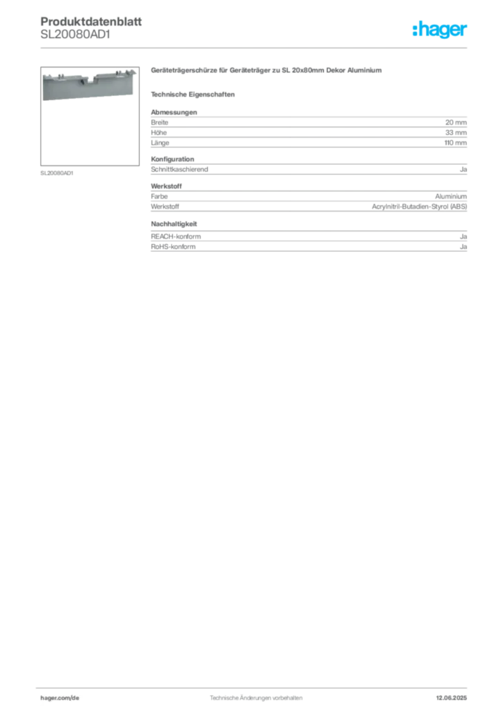 Hager Produktdatenblatt SL20080AD1