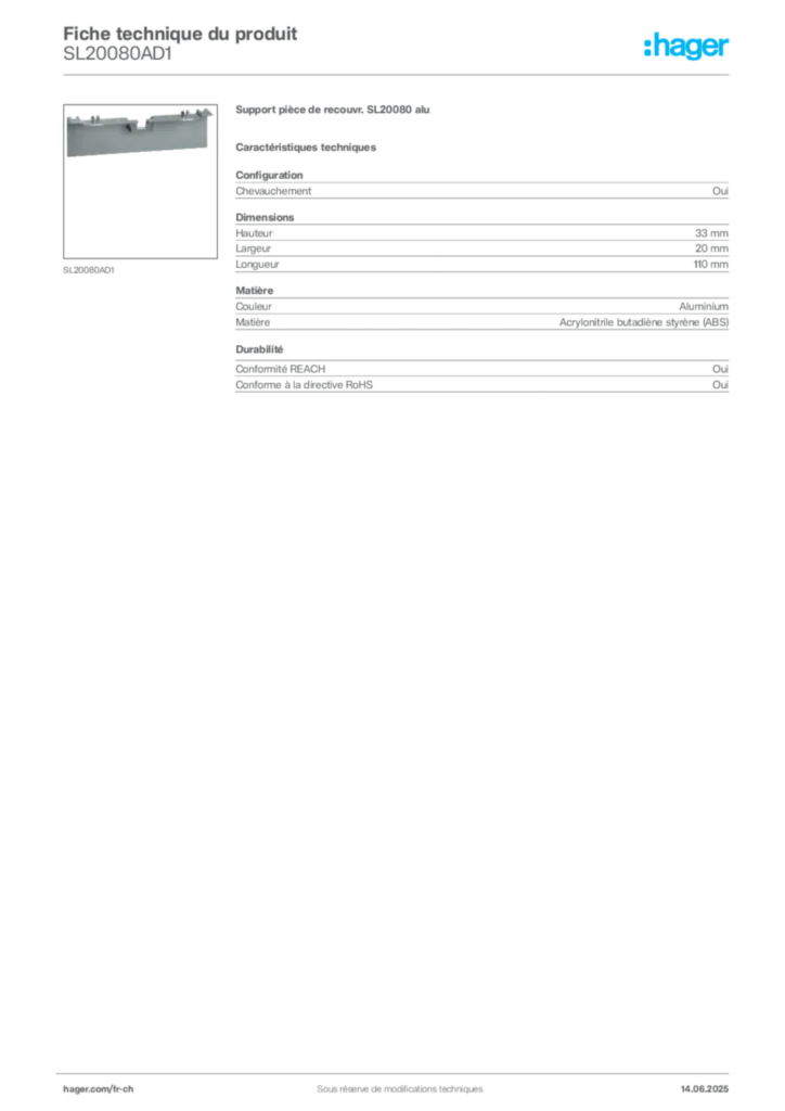 Image Hager Fiche technique du produit SL20080AD1 | Hager Suisse