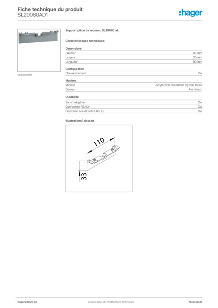 Image Hager Fiche technique du produit SL20080AD1 | Hager Suisse