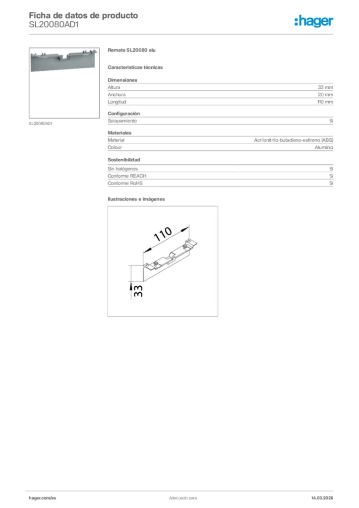 Imagen Hager Ficha de datos de producto SL20080AD1 | Hager España