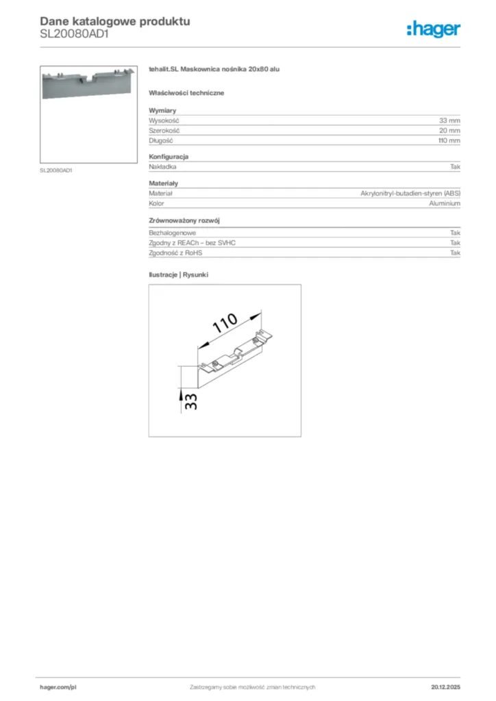 Zdjęcie Hager Dane katalogowe produktu SL20080AD1 | Hager Polska