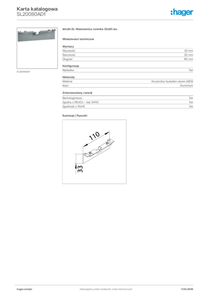 Zdjęcie Hager Karta katalogowa SL20080AD1 | Hager Polska