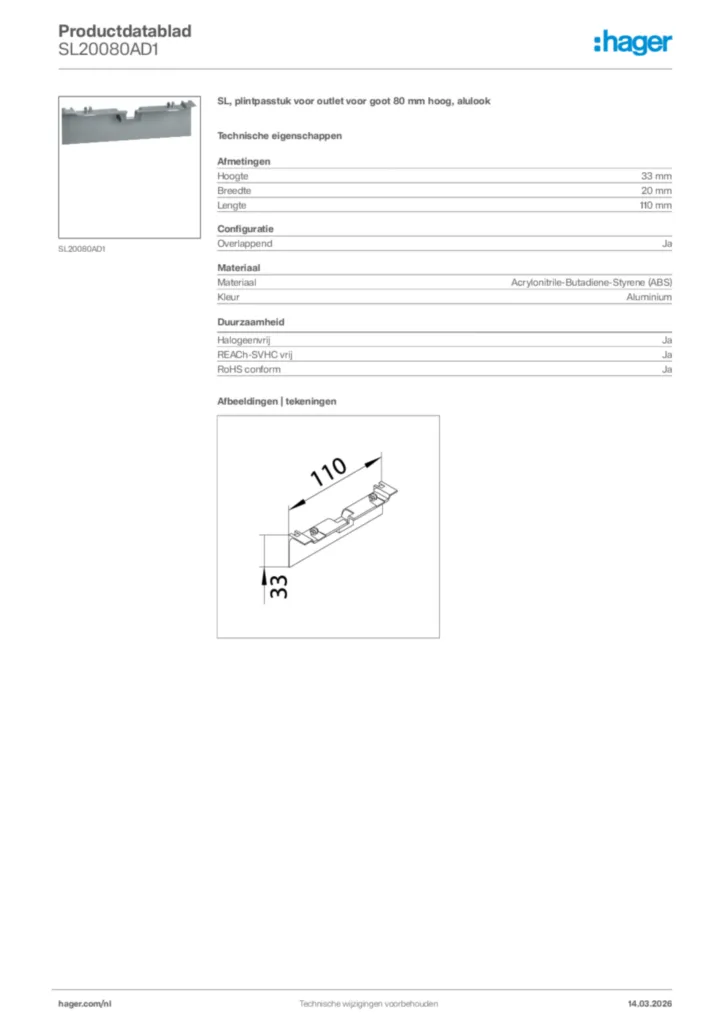 Afbeelding Hager Productdatablad SL20080AD1 | Hager Nederland