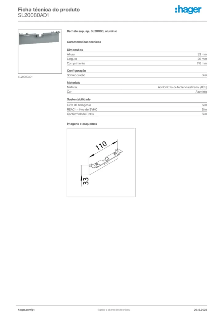 Imagem Hager Ficha técnica do produto SL20080AD1 | Hager Portugal