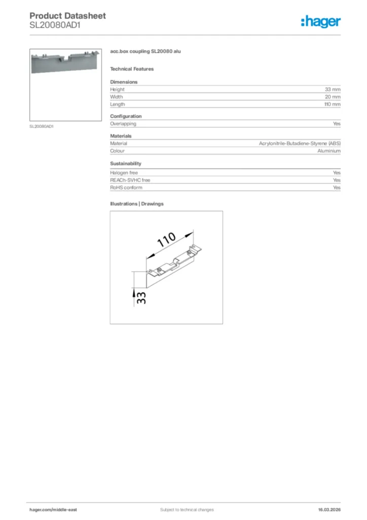 Image Hager Product data sheet SL20080AD1  | Hager