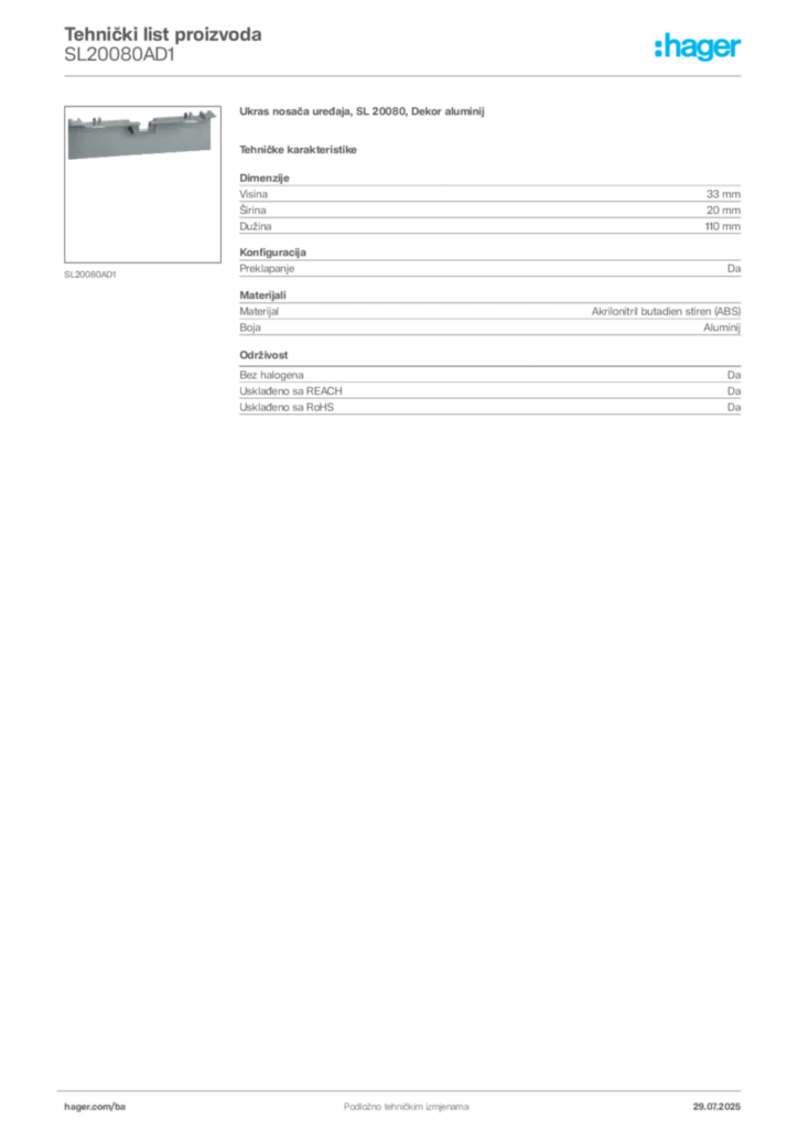 Slika Hager Product data sheet SL20080AD1  | Hager