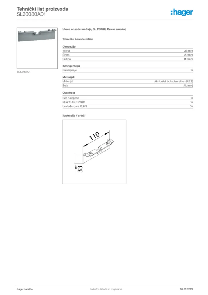 Slika Hager Tehnički list proizvoda SL20080AD1  | Hager