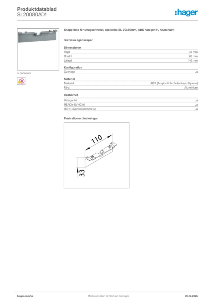 Bild Hager Produktdatablad SL20080AD1 | Hager Sverige