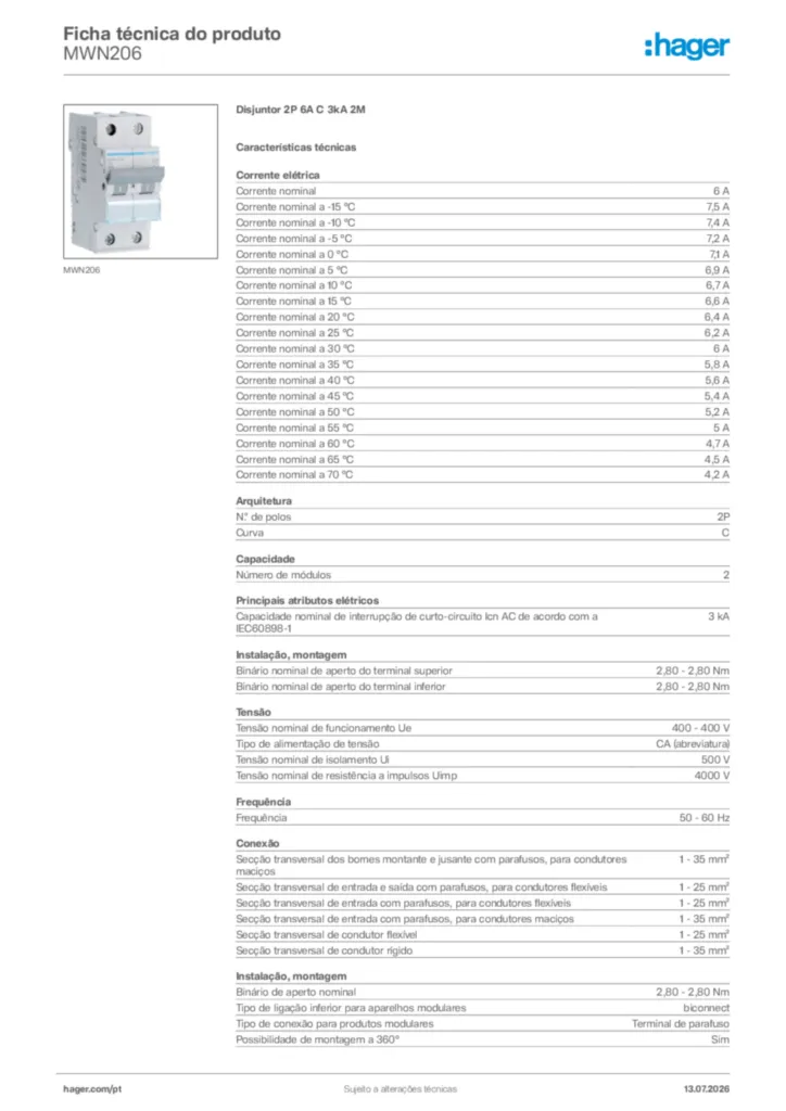 Imagem Hager Ficha técnica do produto MWN206 | Hager Portugal