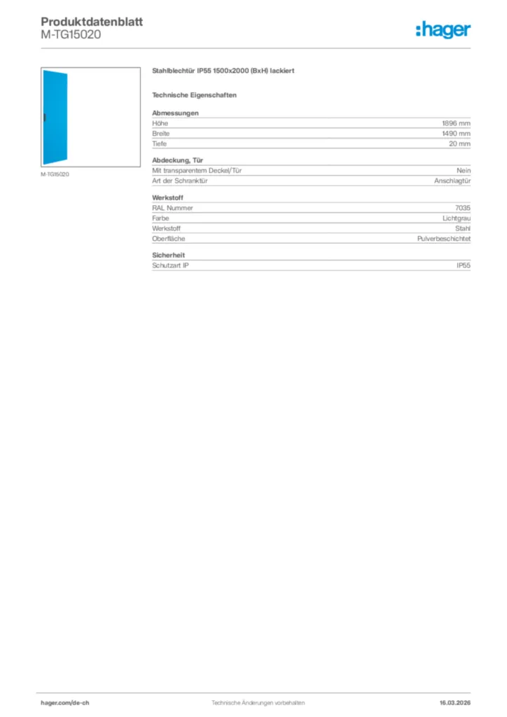 Bild Hager Produktdatenblatt M-TG15020 | Hager Schweiz