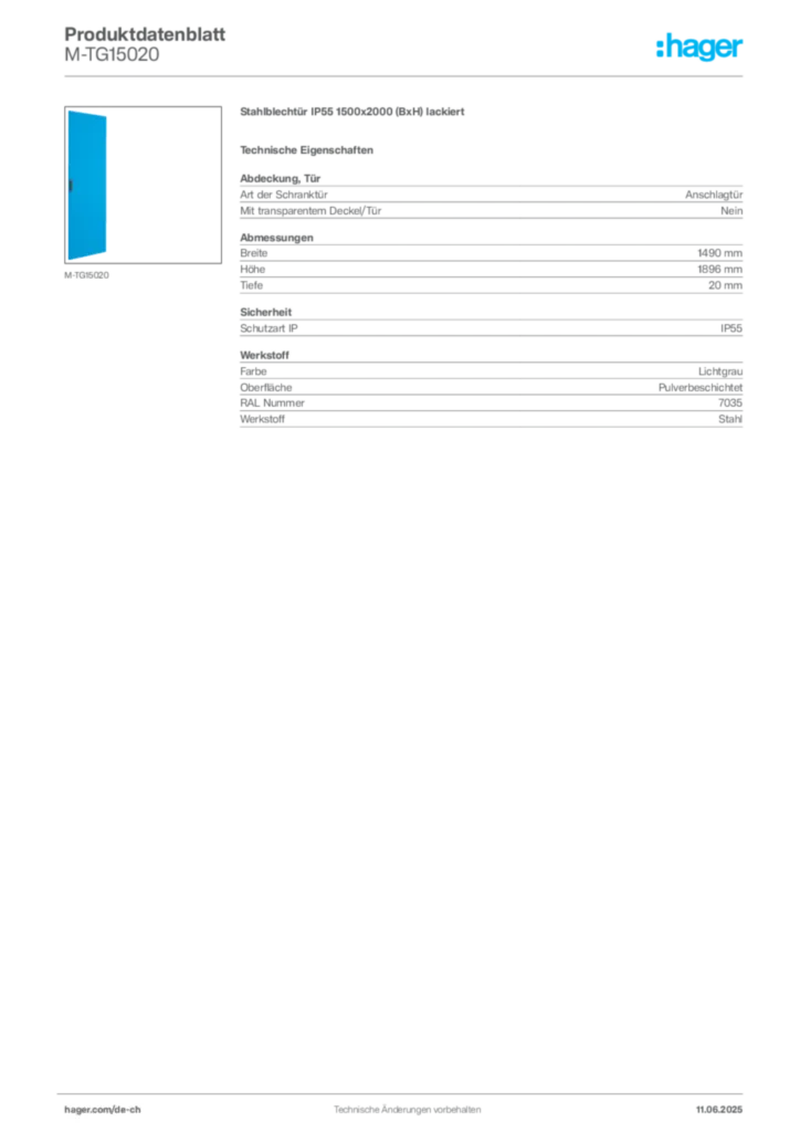 Bild Hager Produktdatenblatt M-TG15020 | Hager Schweiz