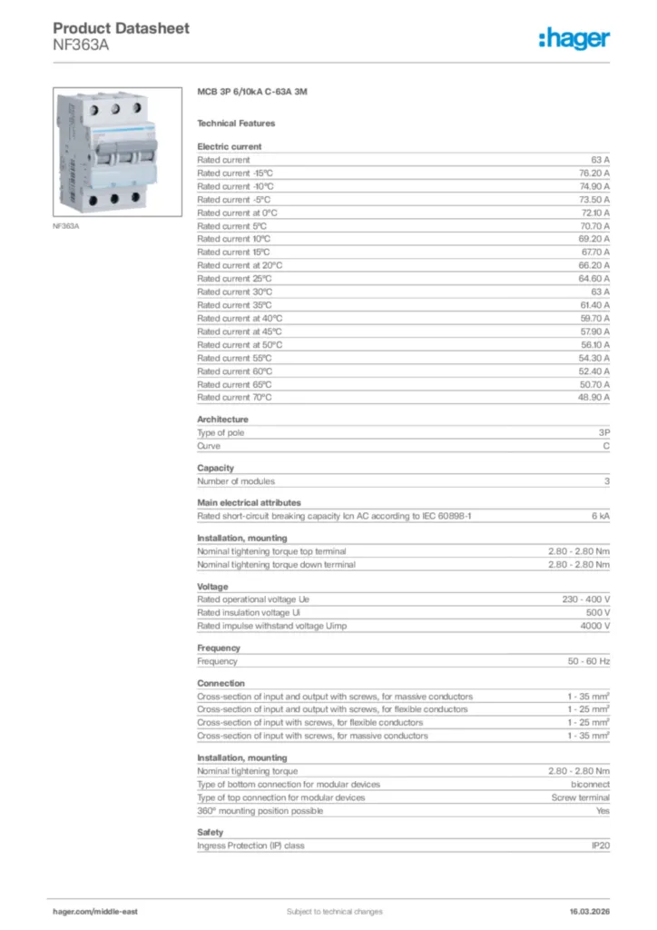 Image Hager Product data sheet NF363A  | Hager