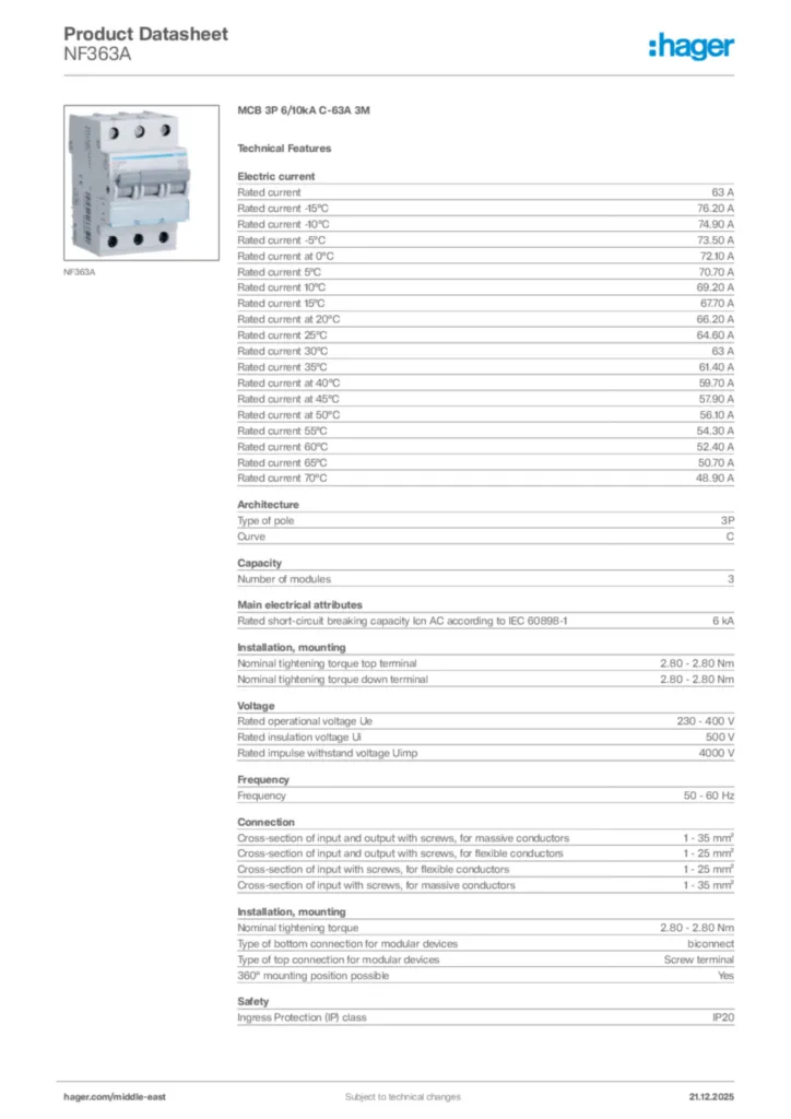 Image Hager Product data sheet NF363A  | Hager