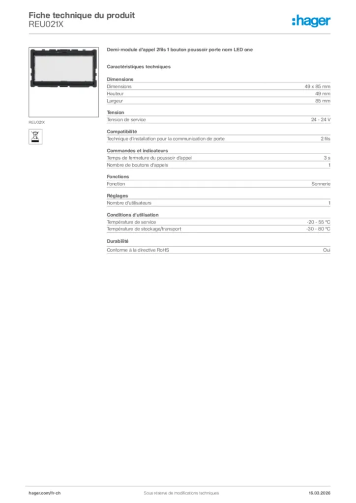 Image Hager Fiche technique du produit REU021X | Hager Suisse