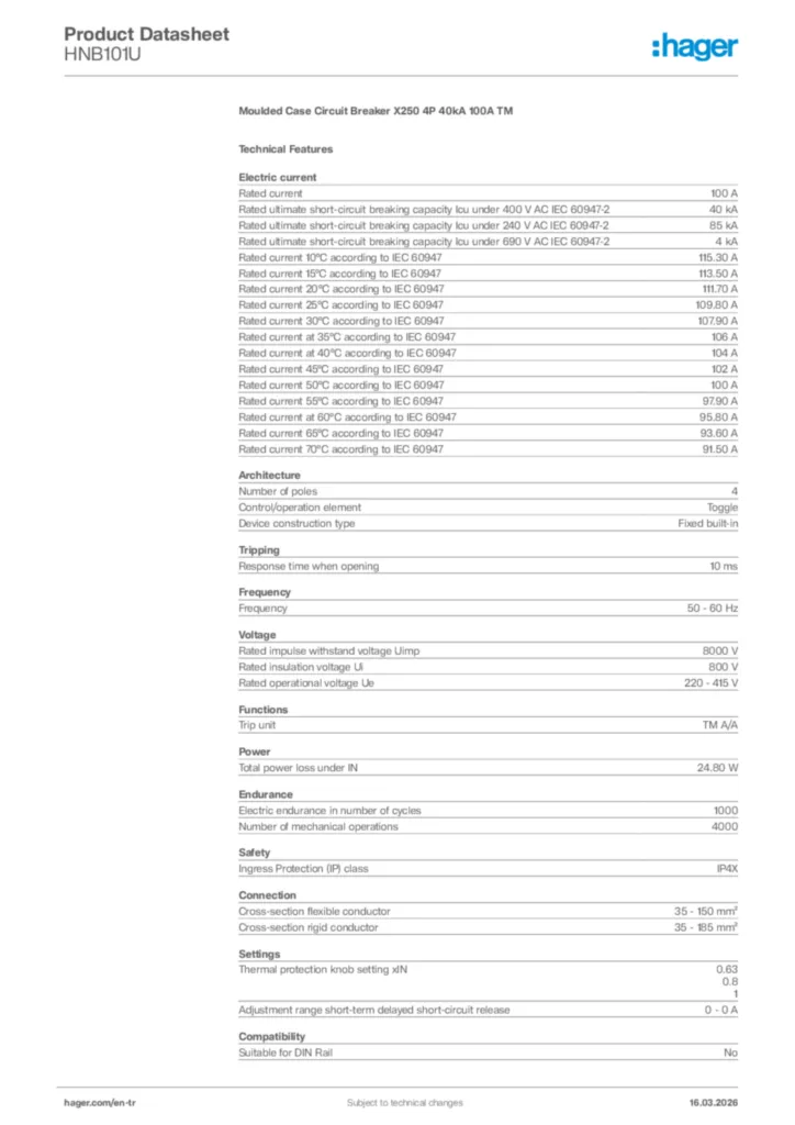 Image Hager Product data sheet HNB101U  | Hager