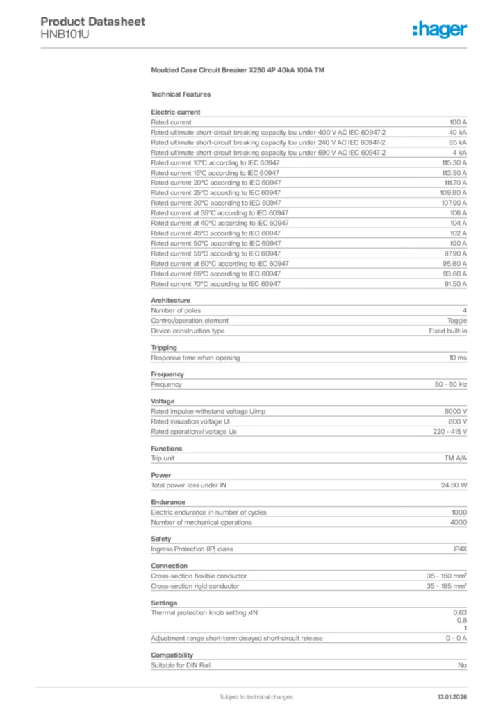 Image Hager Product data sheet HNB101U  | Hager