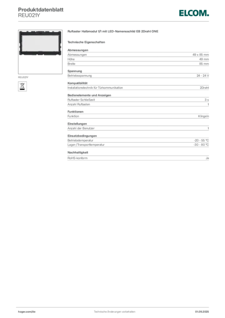 Elcom Produktdatenblatt REU021Y