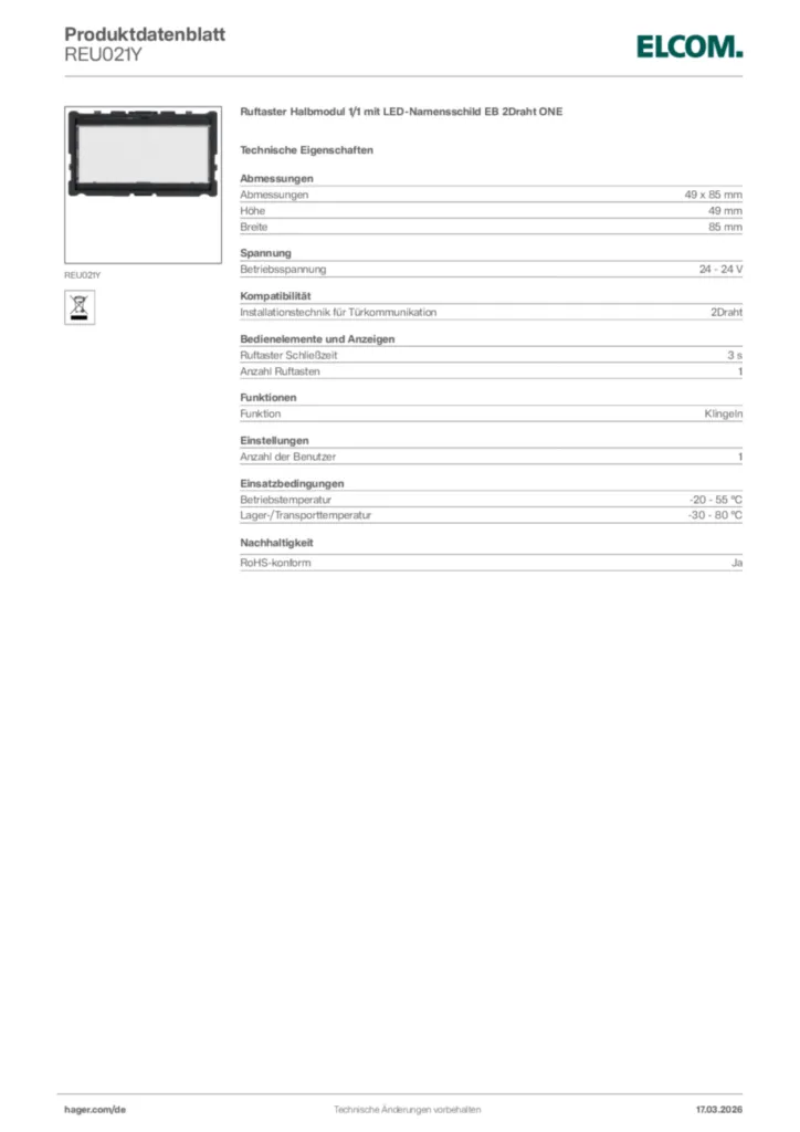 Bild Elcom Produktdatenblatt REU021Y | Hager Deutschland