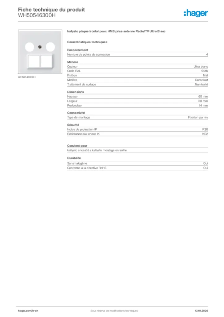 Image Hager Fiche technique du produit WH50546300H | Hager Suisse