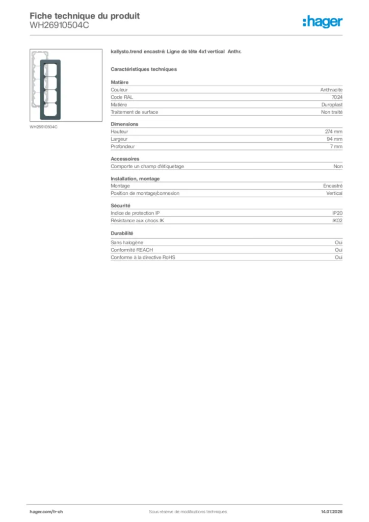 Image Hager Fiche technique du produit WH26910504C | Hager Suisse