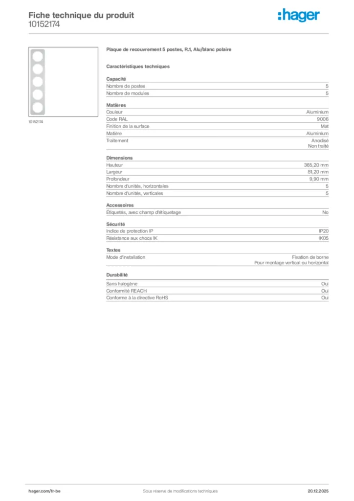 Image Hager Fiche technique du produit 10152174 | Hager Belgique