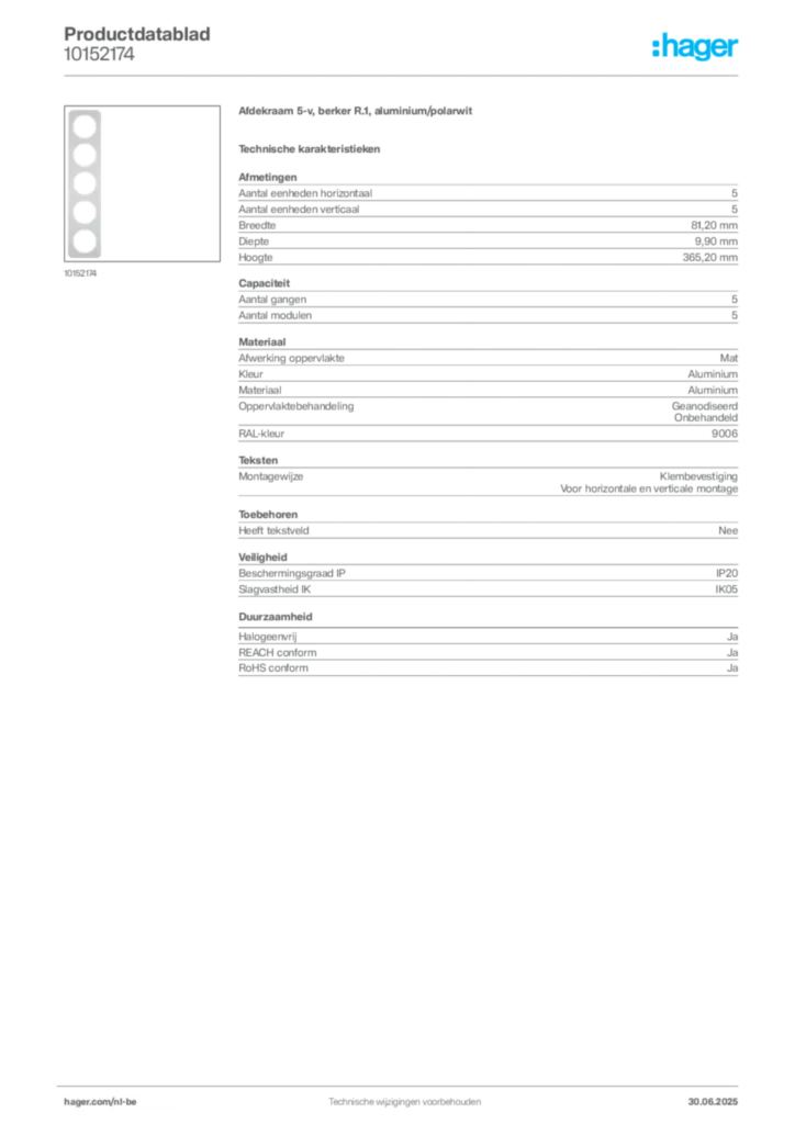 Afbeelding Hager Productdatablad 10152174 | Hager Belgium