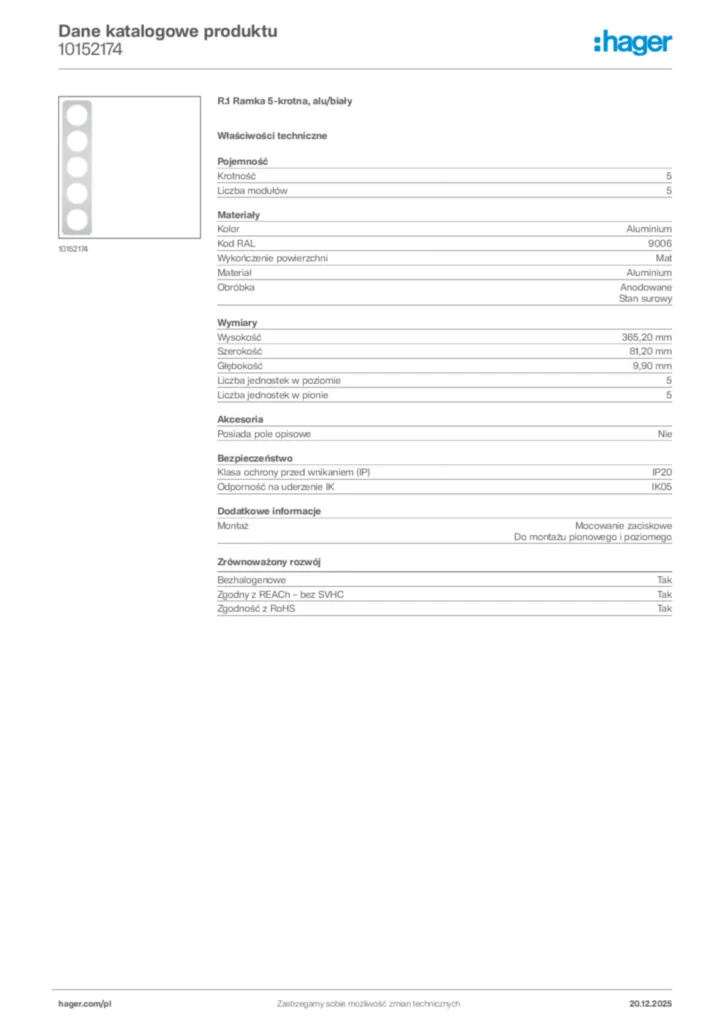 Zdjęcie Hager Dane katalogowe produktu 10152174 | Hager Polska