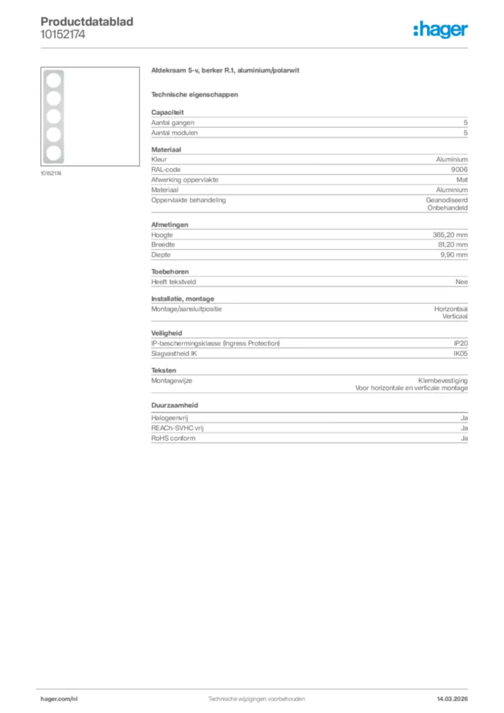 Afbeelding Hager Productdatablad 10152174 | Hager Nederland