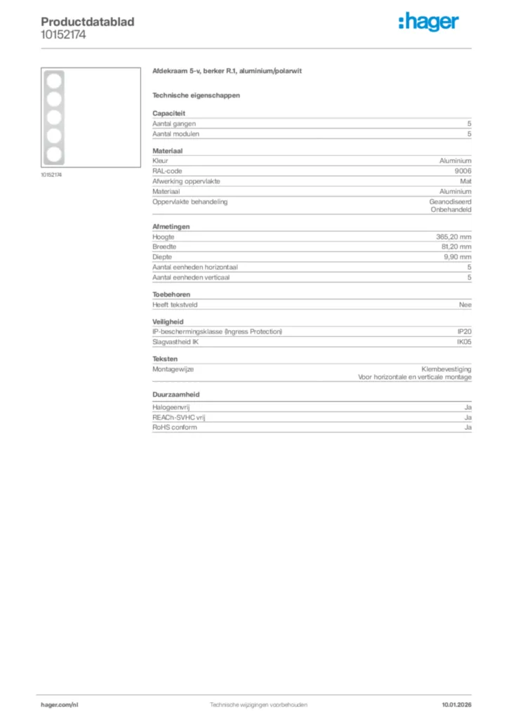 Afbeelding Hager Productdatablad 10152174 | Hager Nederland