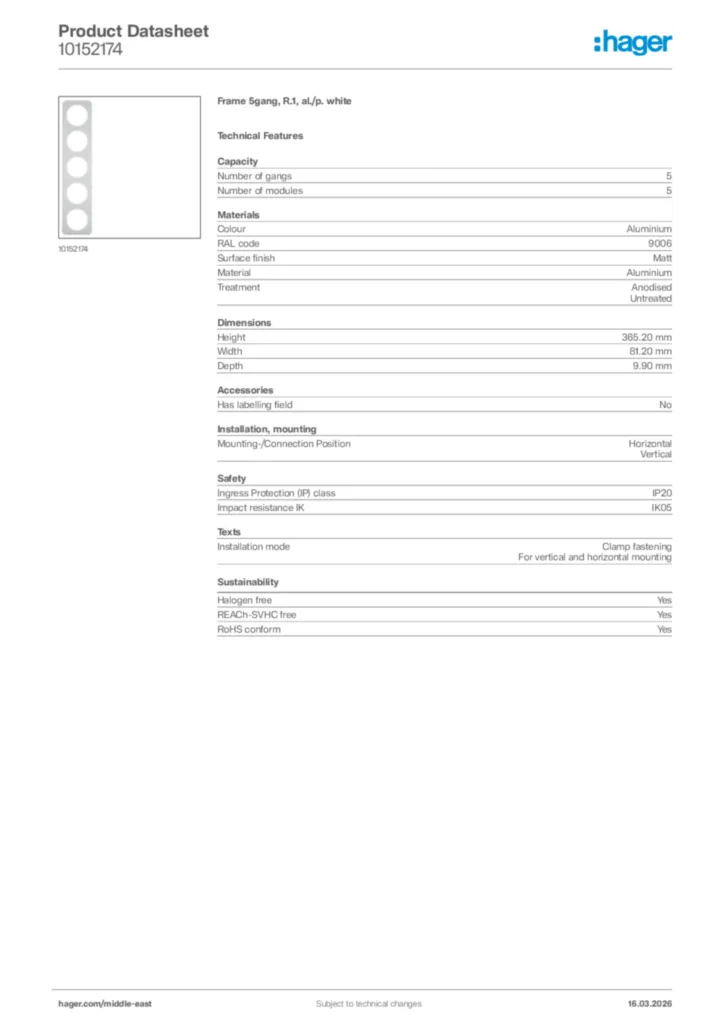 Image Hager Product data sheet 10152174  | Hager
