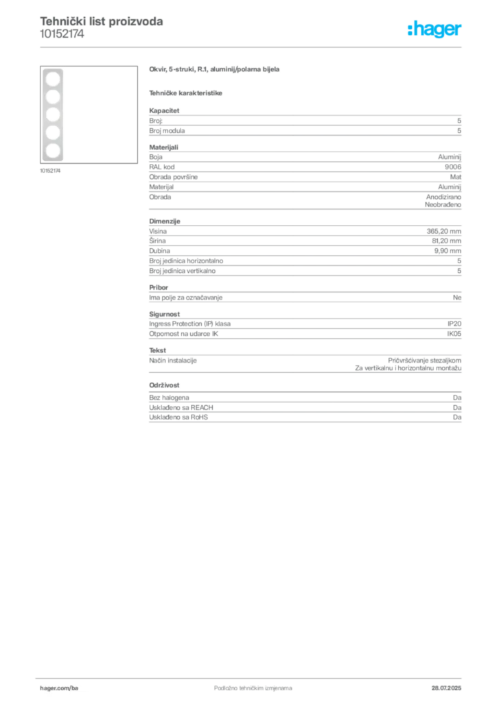Slika Hager Product data sheet 10152174  | Hager