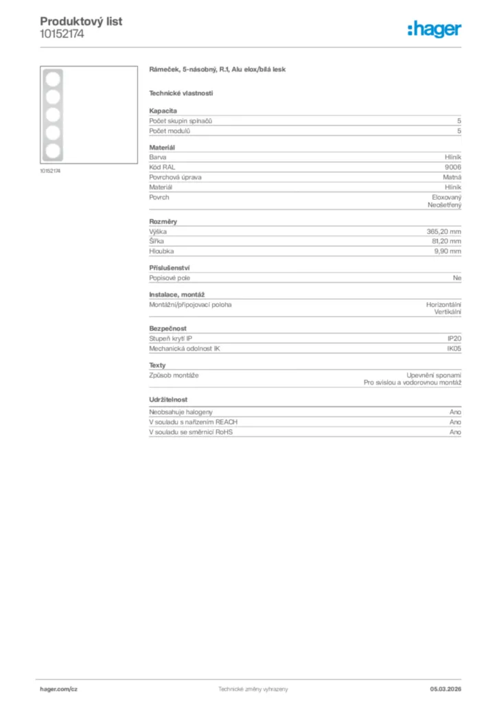Obrázek Hager Product data sheet 10152174 | Hager