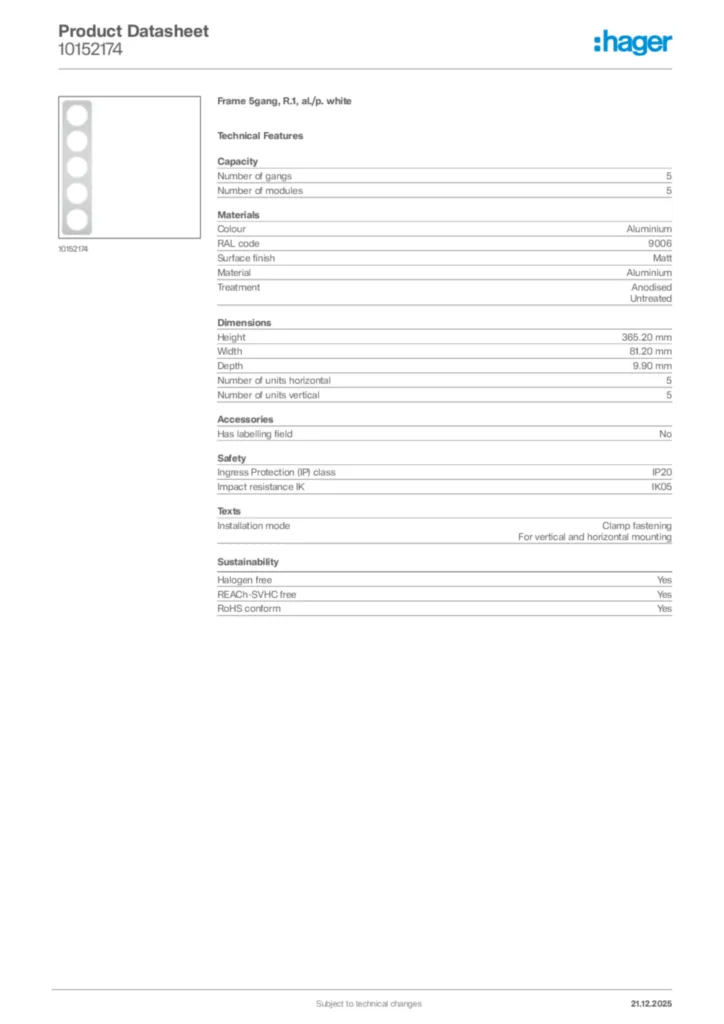 Image Hager Product data sheet 10152174  | Hager
