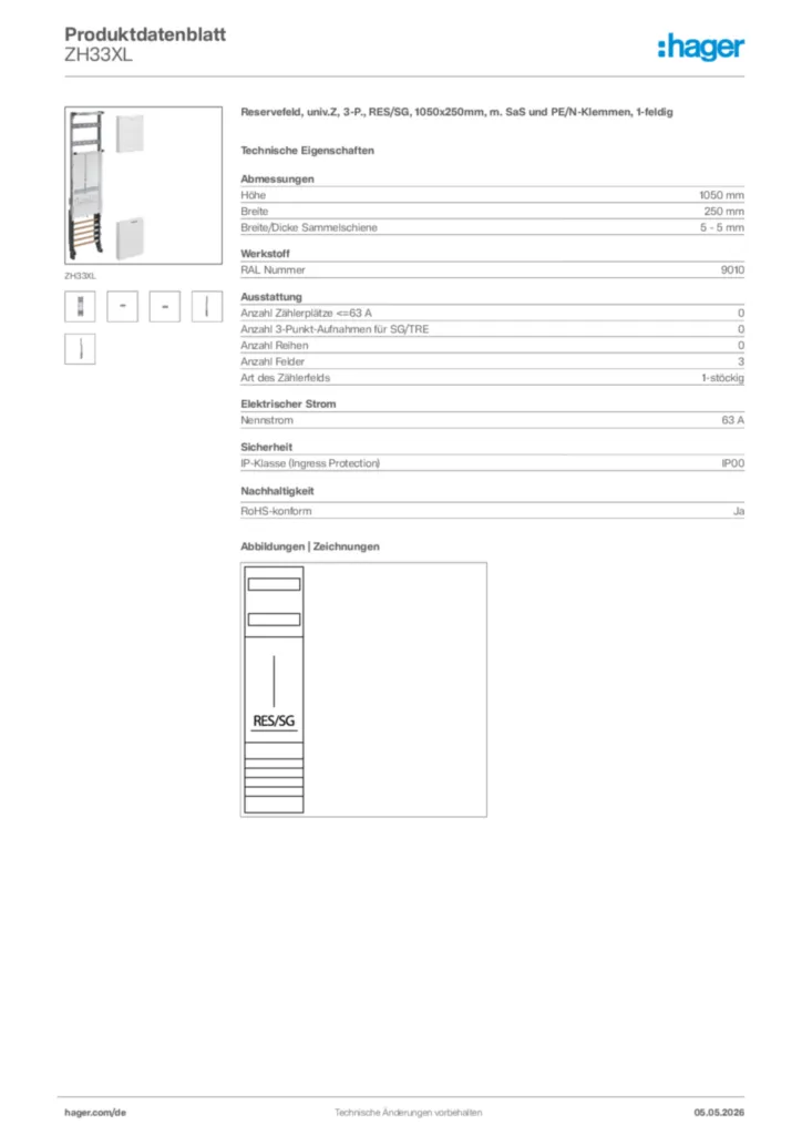 Bild Hager Produktdatenblatt ZH33XL | Hager Deutschland