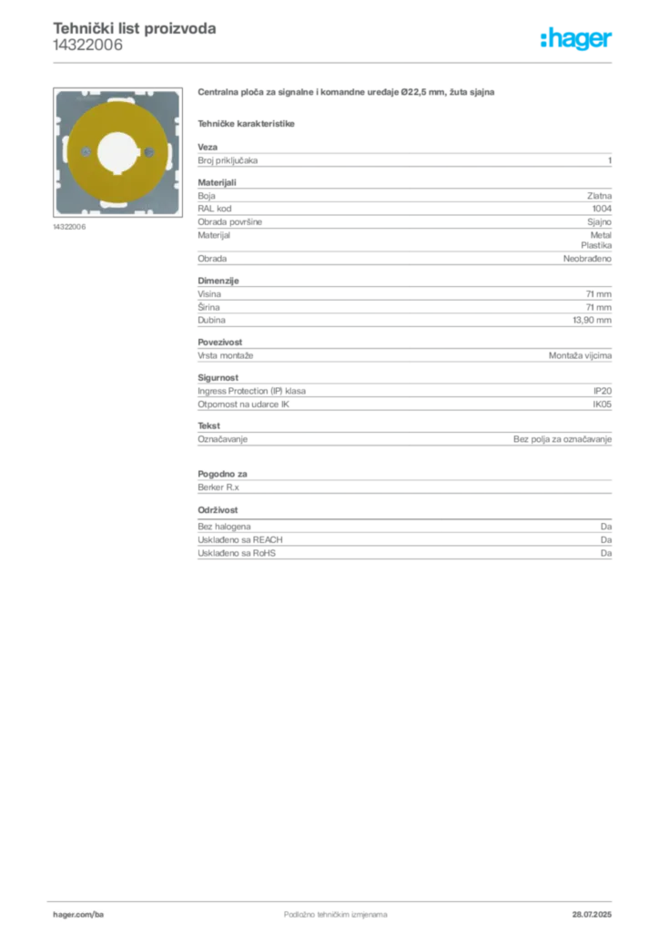 Slika Hager Product data sheet 14322006  | Hager