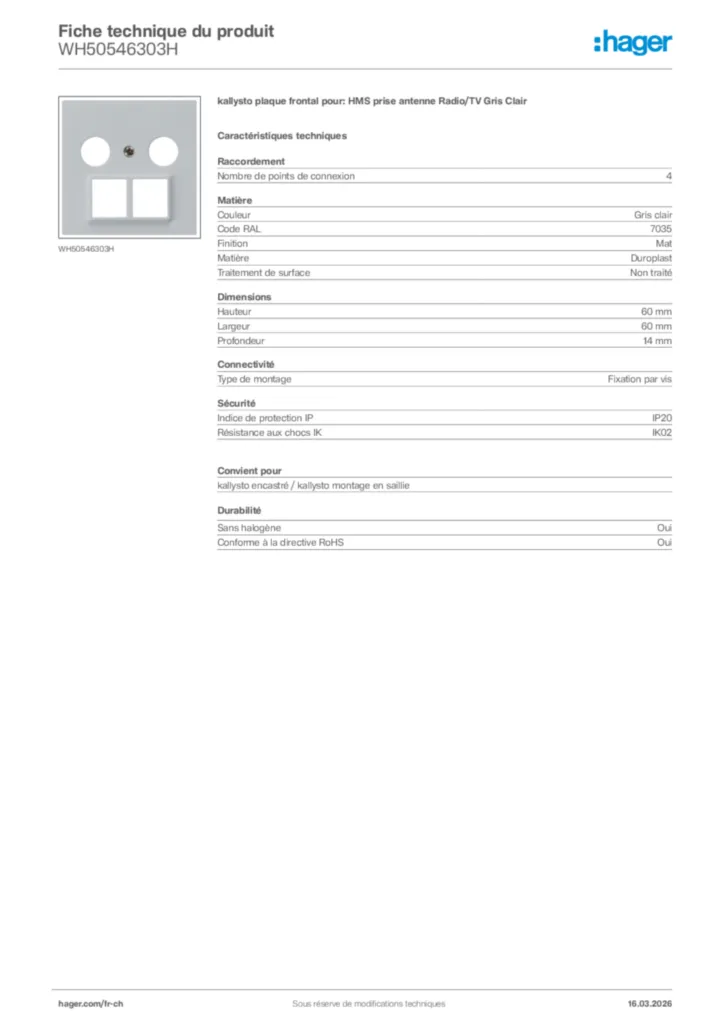 Image Hager Fiche technique du produit WH50546303H | Hager Suisse