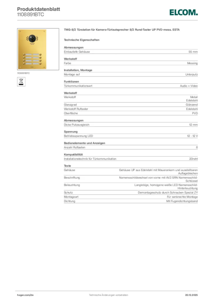 Bild Elcom Produktdatenblatt 1108891BTC | Hager Deutschland
