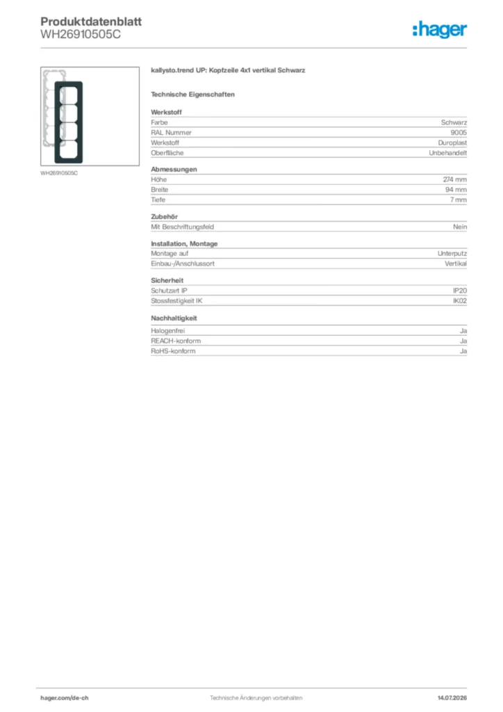Bild Hager Produktdatenblatt WH26910505C | Hager Schweiz
