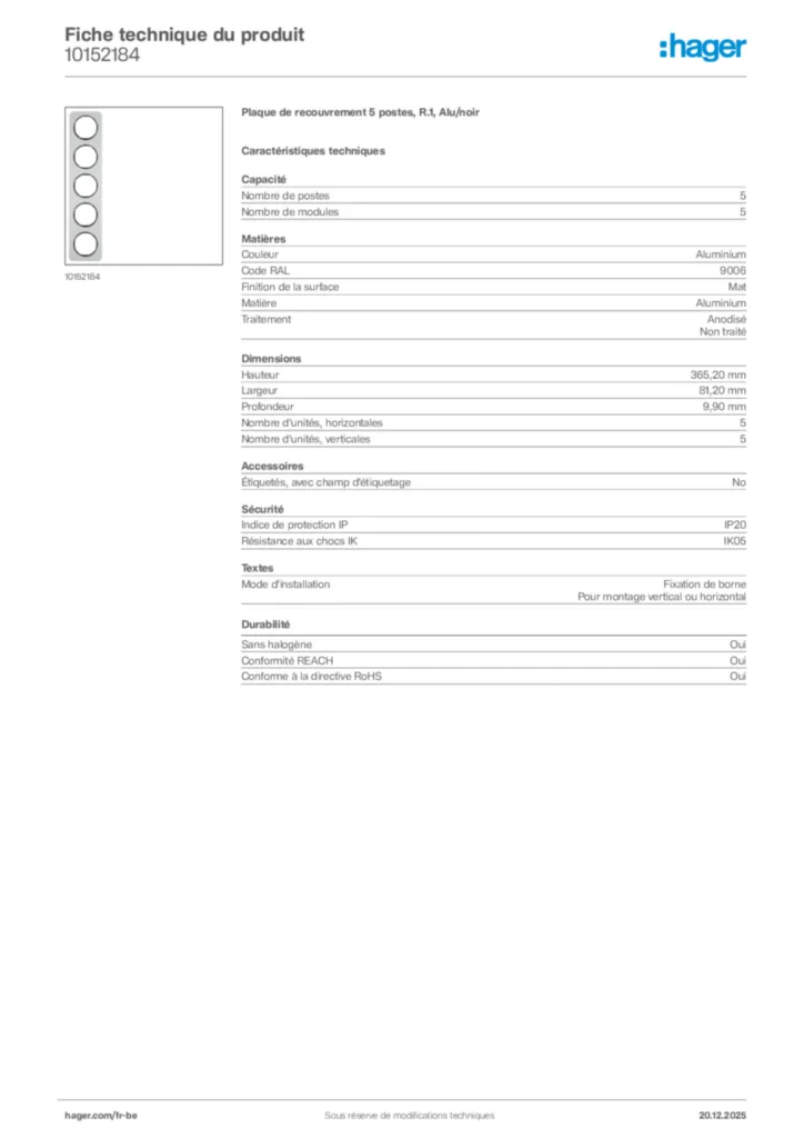 Image Hager Fiche technique du produit 10152184 | Hager Belgique
