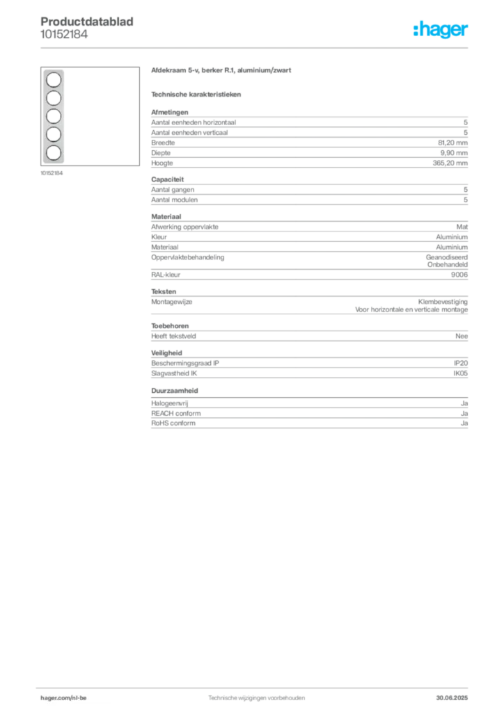 Afbeelding Hager Productdatablad 10152184 | Hager Belgium