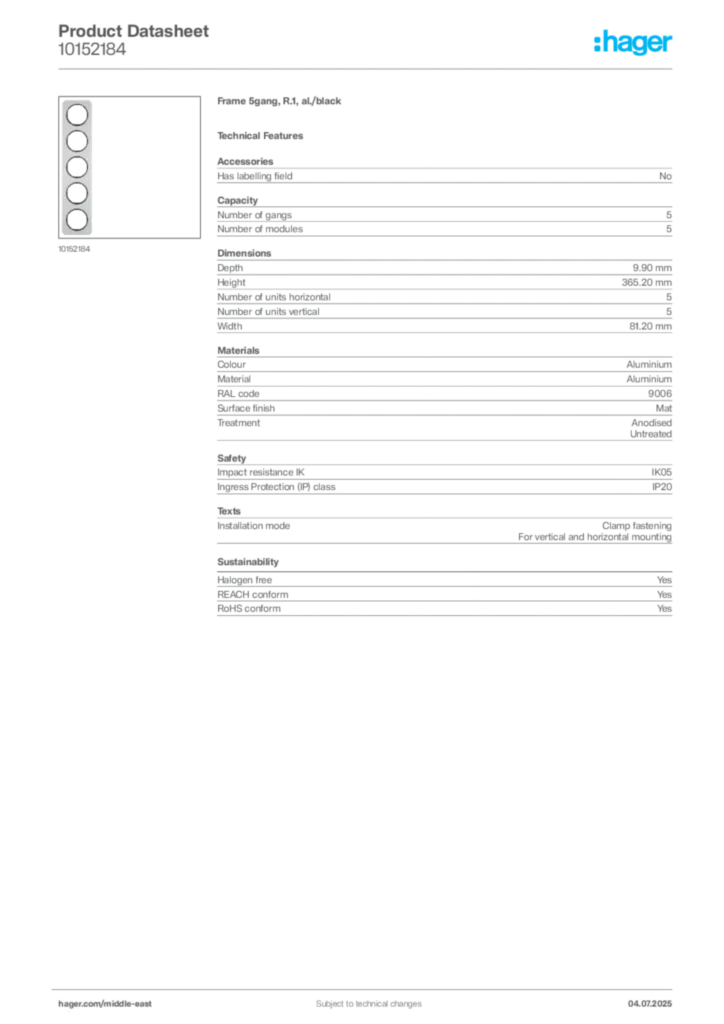 Image Hager Product data sheet 10152184  | Hager
