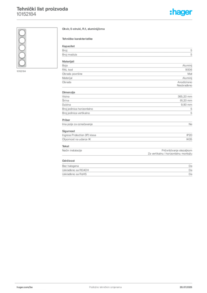 Slika Hager Product data sheet 10152184  | Hager