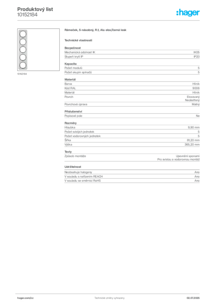 Obrázek Hager Produktový list 10152184 | Hager