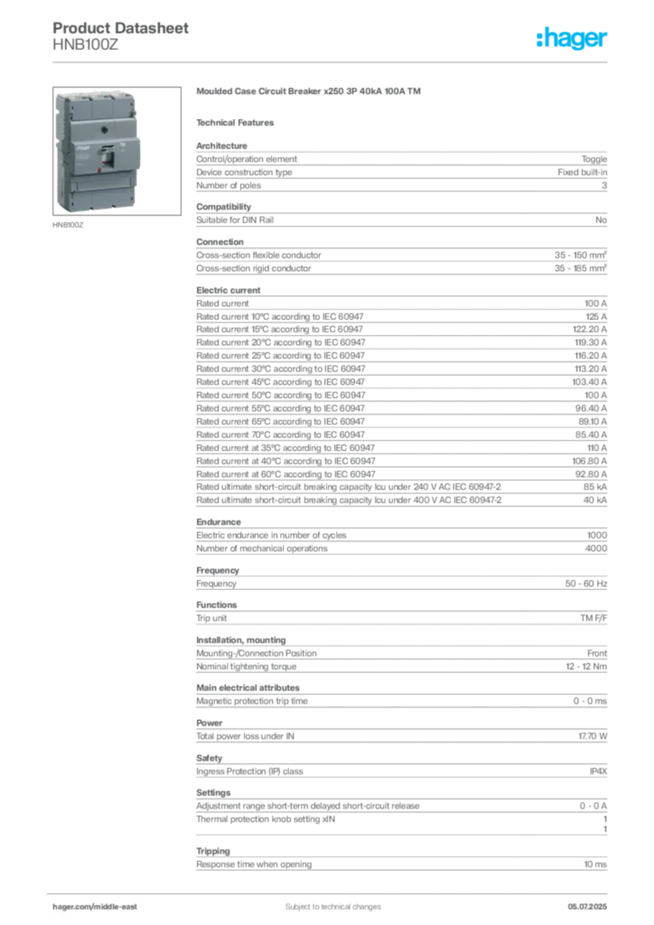 Image Hager Product data sheet HNB100Z  | Hager