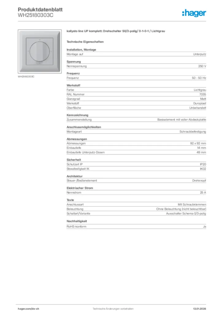 Bild Hager Produktdatenblatt WH25180303C | Hager Schweiz