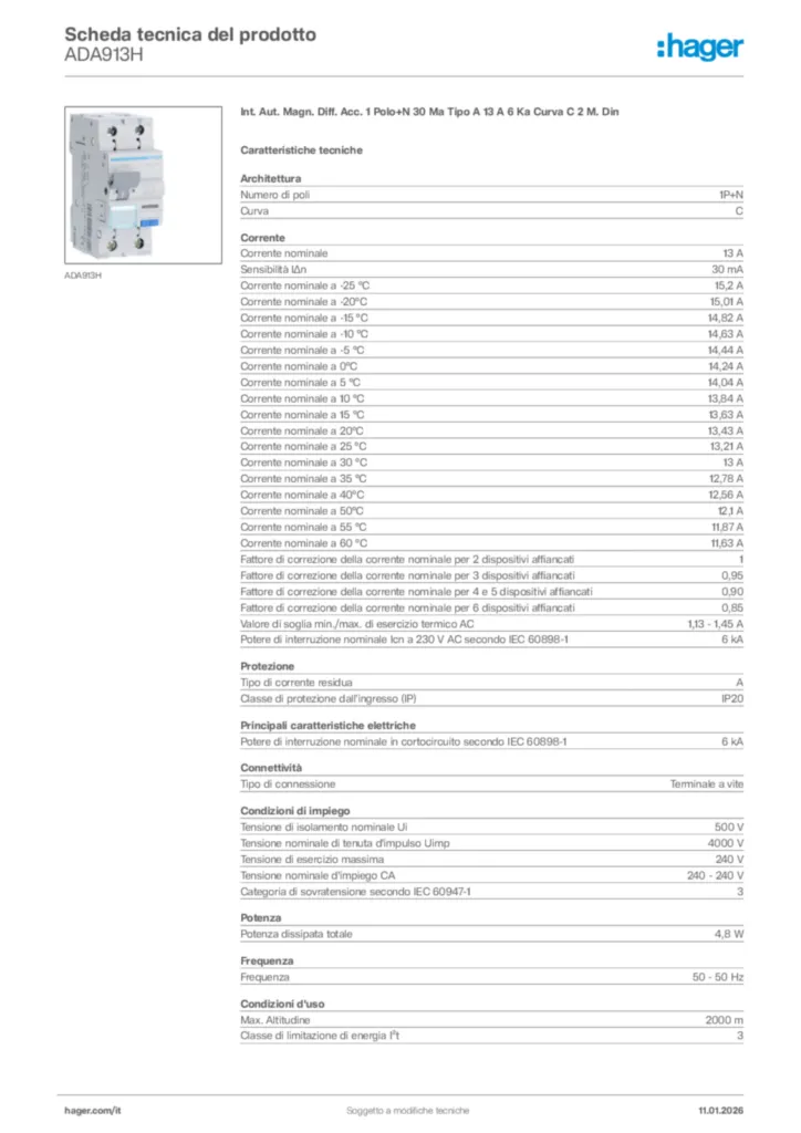 Immagine Hager Scheda tecnica del prodotto ADA913H | Hager Italia